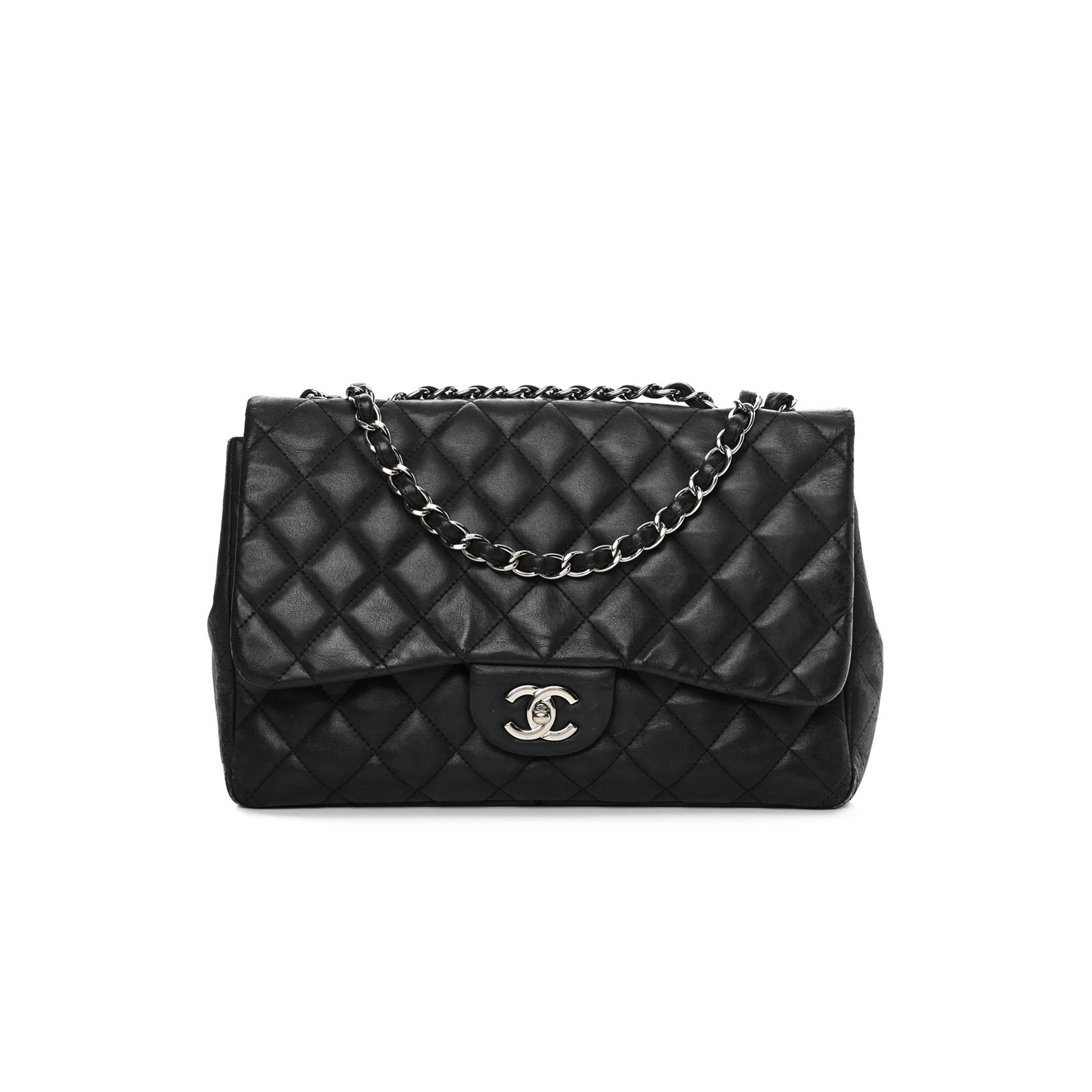 CHANEL LAMBSKIN QUILTED JUMBO SINGLE FLAP BLACK SILVER HARDWARE (30*20*9cm) CHANEL LAMBSKIN QUILTED JUMBO SINGLE FLAP BLACK SILVER HARDWARE (30*20*9cm)
