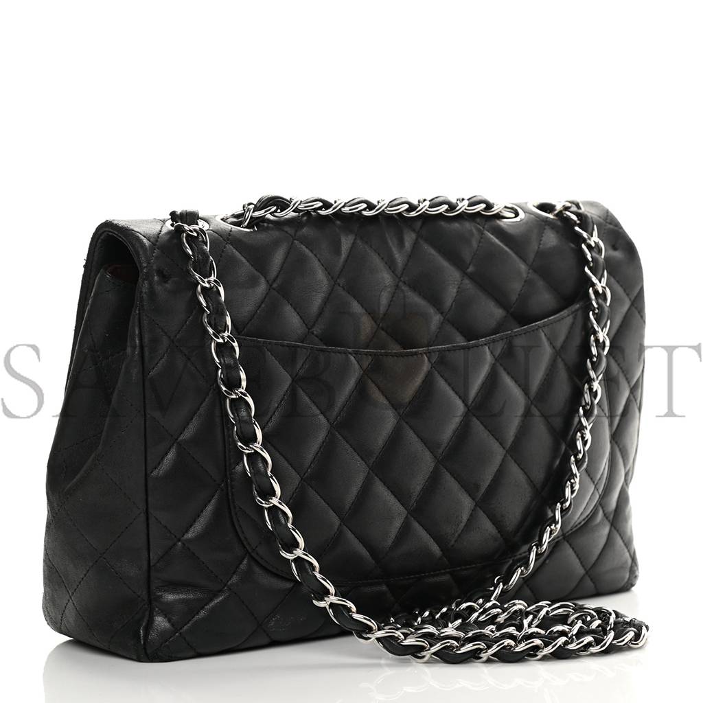 CHANEL LAMBSKIN QUILTED JUMBO SINGLE FLAP BLACK SILVER HARDWARE (30*20*9cm) CHANEL LAMBSKIN QUILTED JUMBO SINGLE FLAP BLACK SILVER HARDWARE (30*20*9cm)