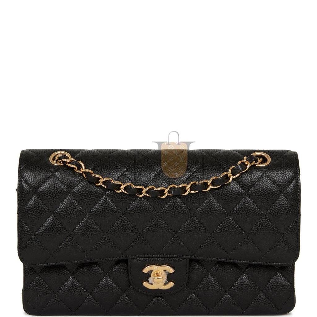 CHANEL MEDIUM CLASSIC DOUBLE FLAP BAG BLACK QUILTED CAVIAR GOLD HARDWARE (25*15*7cm)