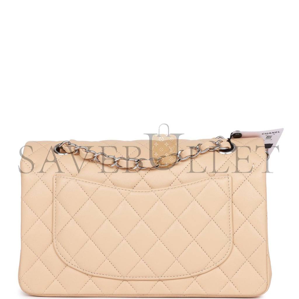 CHANEL SMALL CLASSIC DOUBLE FLAP BEIGE LAMBSKIN SILVER HARDWARE (23*13*6cm)