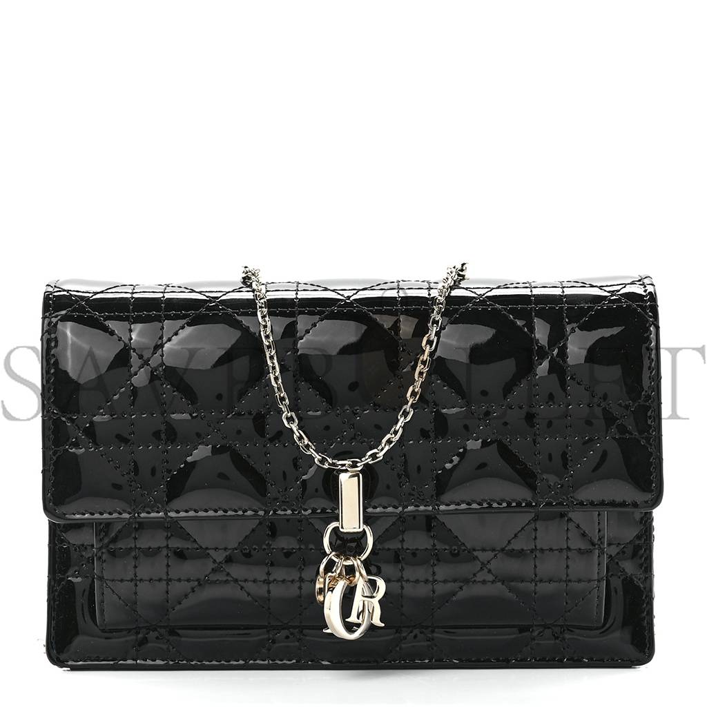 DIOR PATENT CANNAGE LADY DIOR CHAIN POUCH BLACK (19*13*4.4cm)