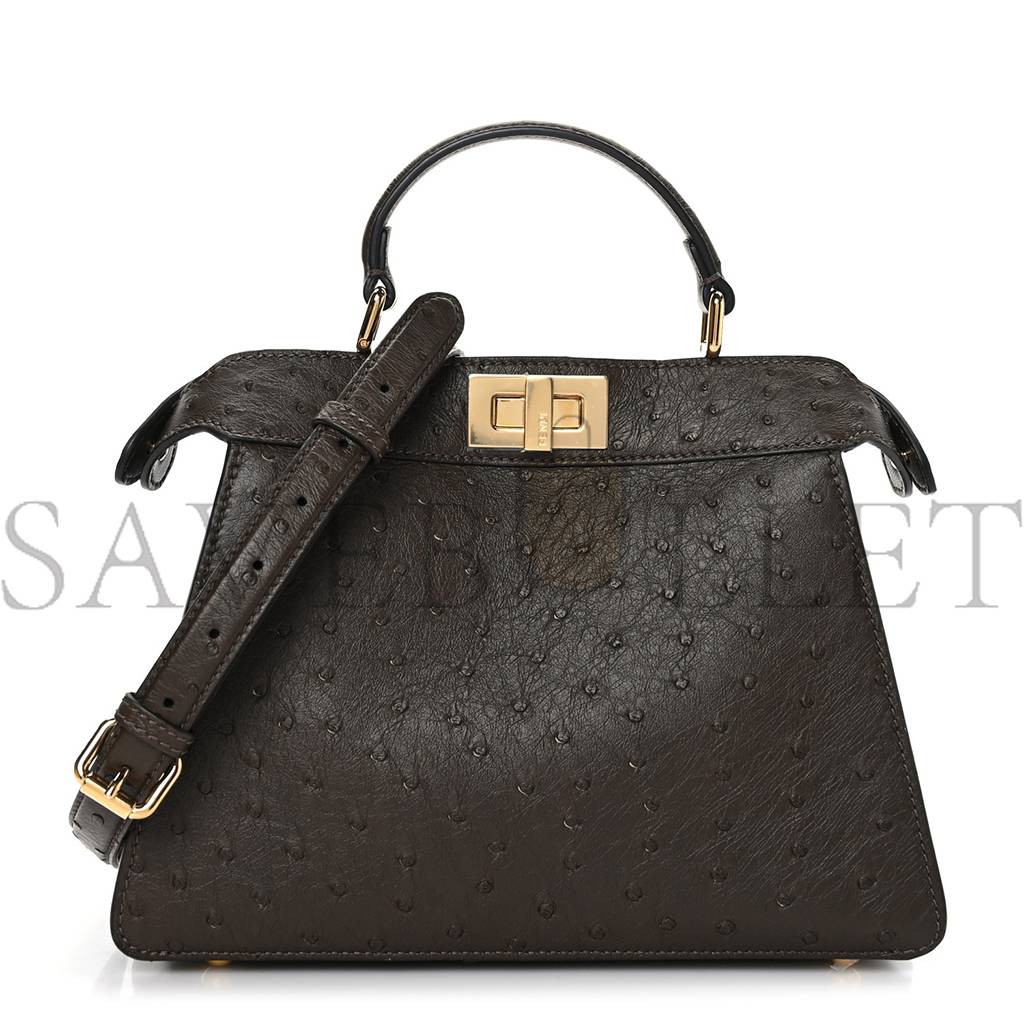 FENDI OSTRICH SHINY NAPPA SMALL PEEKABOO I SEE U SATCHEL DARK BROWN (27*20*11cm)